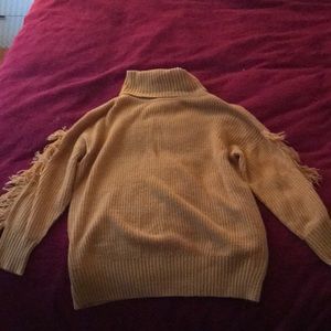 Mustard Turtleneck Sweater with Frayed Sleeves